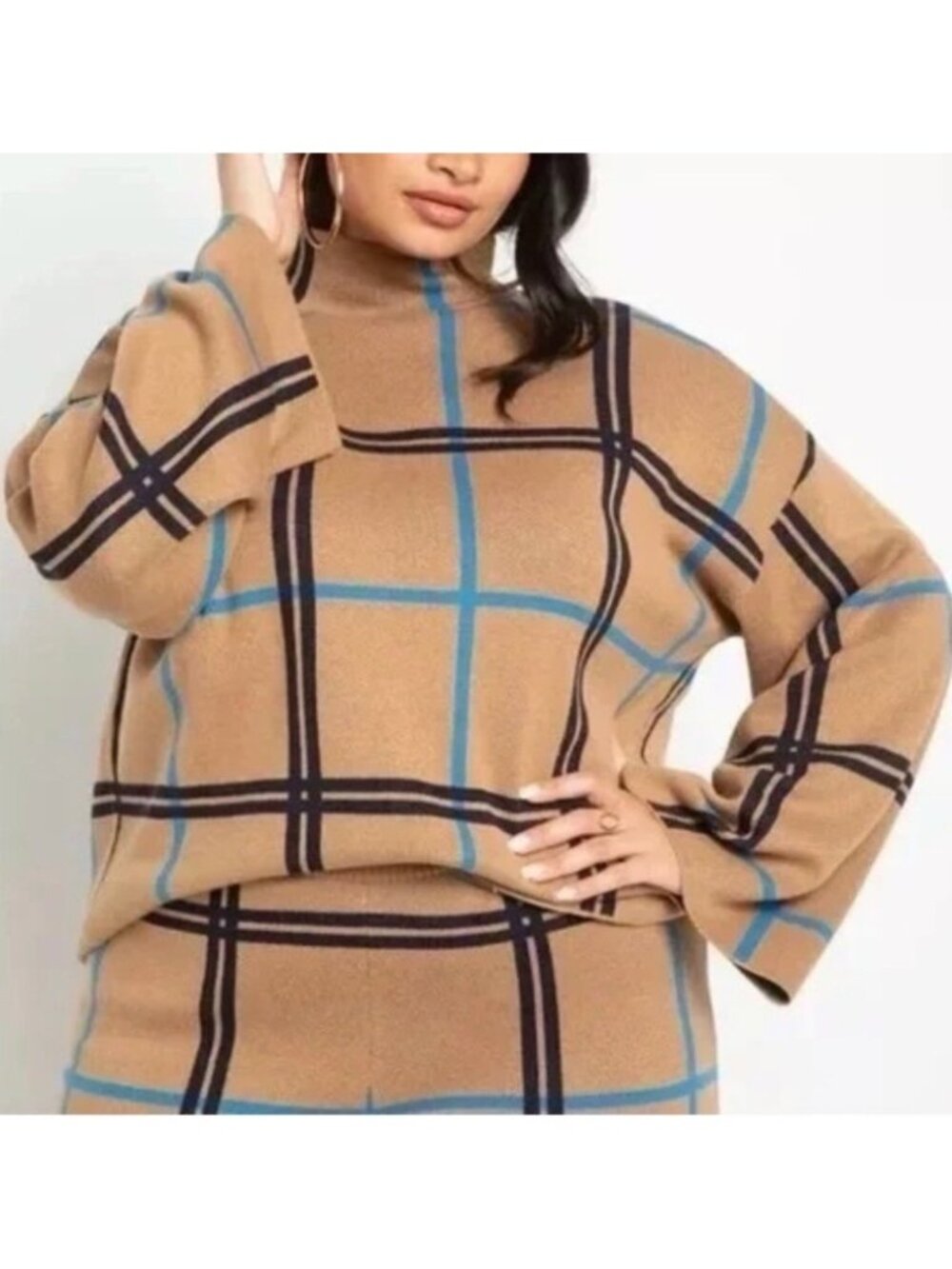 Eloquii Tan Black Blue Window Pane Plaid Mock Neck Wide Leg Sweater Set Sz 18/20